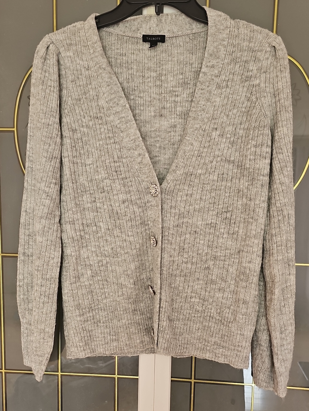 Talbots Gray Ribbed V-Neck Button Cardigan